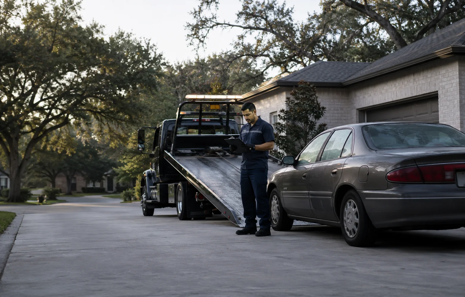 Operator reviewing a vehicle before tow truck pickup