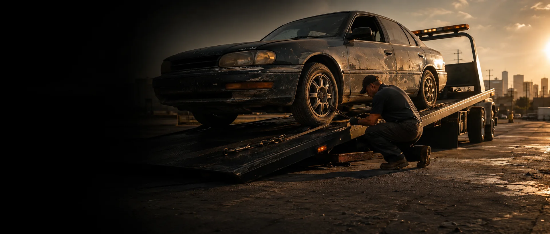 Weathered sedan secured on a flatbed tow truck in a Houston industrial yard