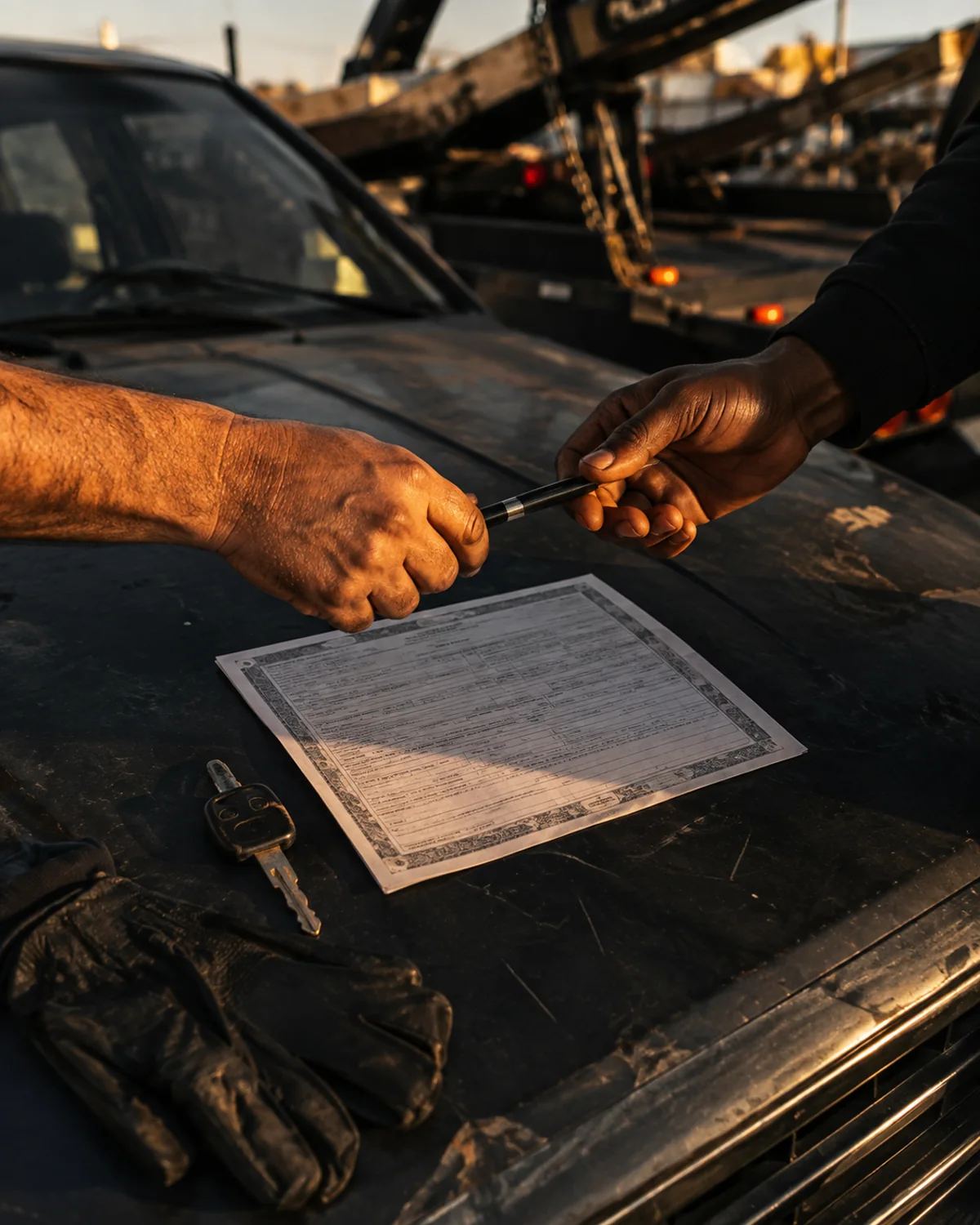 Car key and transfer paperwork on the hood of a vehicle at a Houston tow yard